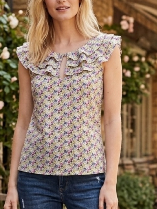 Liberty of London Tops - Liberty of London Cream Floral Ruffle Sleeveless Blouse